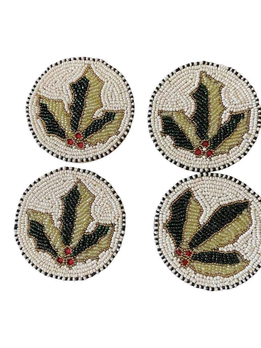 Tahari Home Beaded Holly Leaf Coasters Cream, Green, Red Hand Beaded Bar NWT